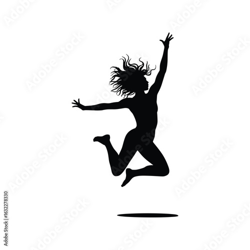 Silhouette of a joyful woman leaping with arms outstretched