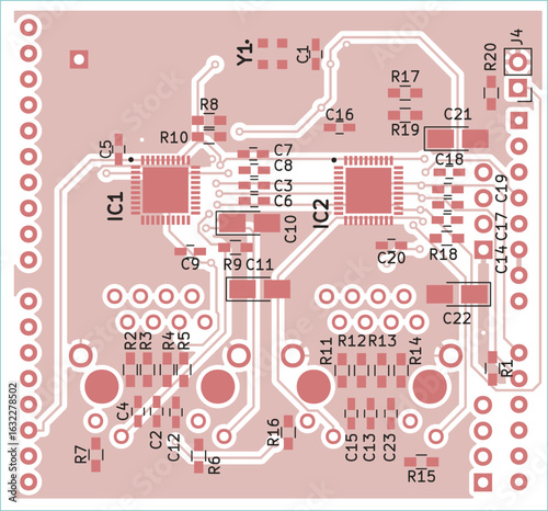 Vector printed circuit board of electronic 
device with components of radio elements, 
conductors and contact pads placed on pcb. 
Engineering technical drawing. Computer technic cad design.