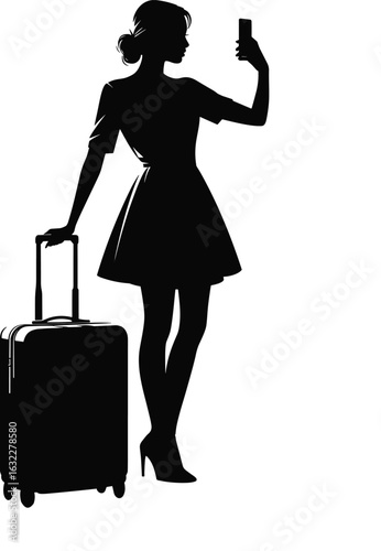 Female traveler silhouette, smartphone, suitcase, airport style, business trip, travel icon, elegant woman, vector graphic, journey, tourism