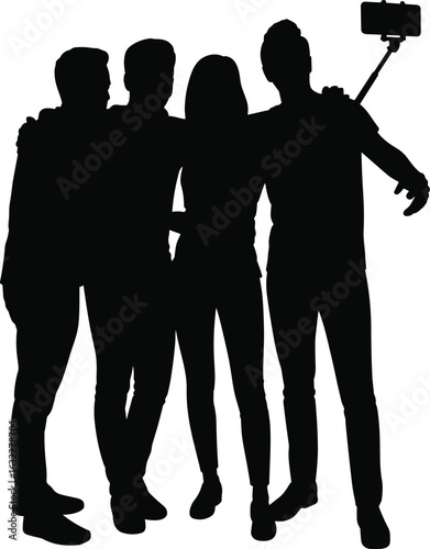 Group selfie silhouette, people posing, smartphone on stick, social media moment, friends together, black vector, modern tech, fun scene
