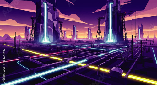 Futuristic cityscape with glowing pipelines and waterfalls, a vibrant and stylized illustration.