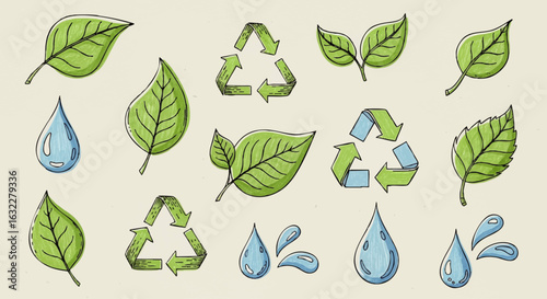 Hand-drawn illustrations of leaves, water droplets, and recycling symbols, representing environmental themes.