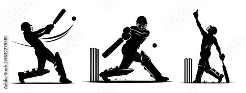 Set of Cricket Player Silhouette Vector Illustrations Minimal Sports Action Poses for Posters, Apparel, Logos, and Sports Graphics