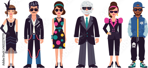 Cartoon illustration of people dressed in different eras and styles standing in a row