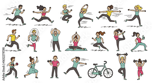Diverse individuals engaging in various fitness activities, including running, jumping, weight training, yoga, and cycling.