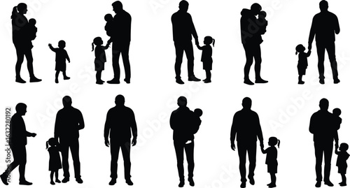 Family silhouette icons, adult and child poses, parenting gestures pack, black figures vector, emotional connection set, caring moment illustrations