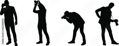 Silhouette of male photographers using cameras, taking photos in various poses, capturing moments, photography concept, professional, creative, shooting stance