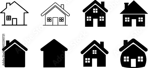 Flat style house symbols for apps and websites on a white background, including a home icon collection and real estate house icons set, available as a vector