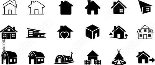 Flat style house symbols for apps and websites on a white background, including a home icon collection and real estate house icons set, available as a vector