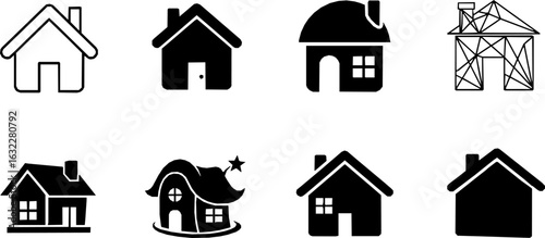 Flat style house symbols for apps and websites on a white background, including a home icon collection and real estate house icons set, available as a vector