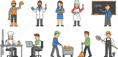 Illustrations of diverse professions including construction worker doctor teacher and more in a group