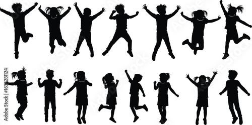 Jumping children silhouettes, playful kids vector pack, joyful movement icons, black figure set, childhood activity design, expressive pose artwork