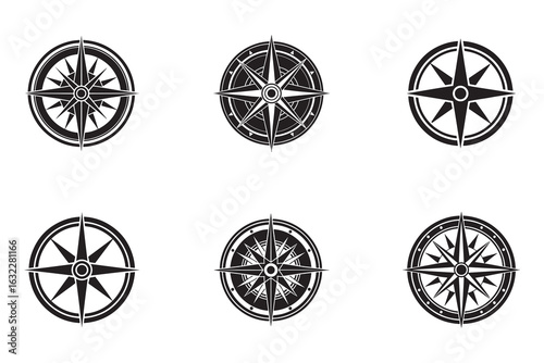 Collection of Compass Rose Illustrations Navigational Tool and Directional Icons for Marine and Adventure Designs Isolated on White Background