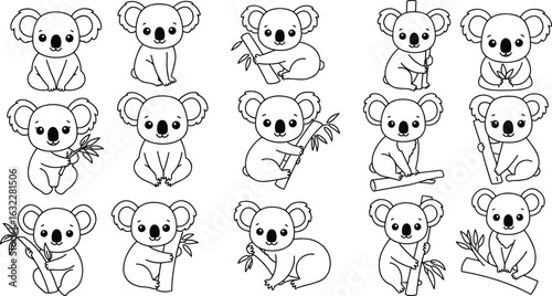 Koala illustrations, cute animal graphics, black and white koalas, cartoon wildlife icons, vector koala poses, bamboo holding koalas, nature-themed artwork
