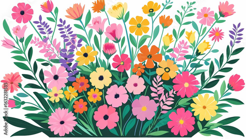 Blooming Floral Paradise: A vibrant illustration bursts forth with an array of colorful blossoms, each petal telling a story of nature's artistic charm. Witness the kaleidoscope of floral life.