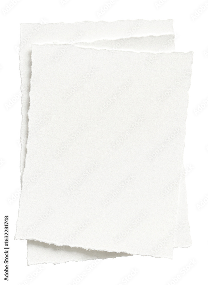 Fototapeta premium Two sheets of white torn paper stacked with rough edges, providing a textured appearance on transparent background.