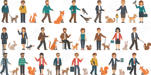People with pets and wild animals in a cartoon style vector illustration on a white background