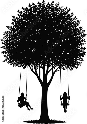Tree with swings silhouette, people sitting, peaceful nature scene, grassy ground, leafy canopy, black vector, relaxation, childhood memory, outdoor