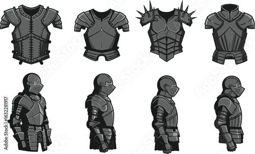 Medieval knight armor vector set, black silhouettes of chestplate and side-view battle suits, historical warrior illustration icons for design and concept art