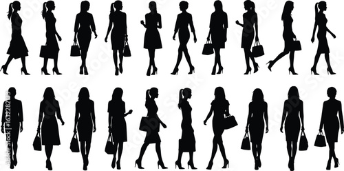 Silhouette of fashionable women walking with handbags, modern stylish female figures, high heels, elegant poses, trendy fashion vector illustrationSilhouette of fashionable women walking with handbags