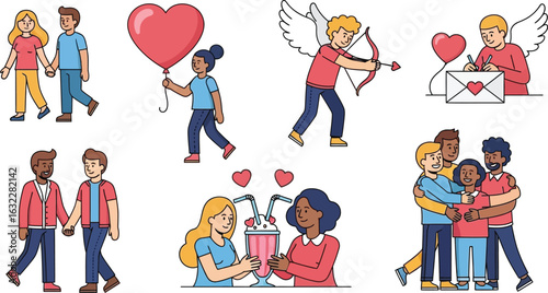 Diverse couples and cupids celebrating love and affection in various ways on a white background