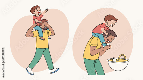 Father son bonding time piggyback ride shoulder ride family fun happy dad parenting lifestyle vector art