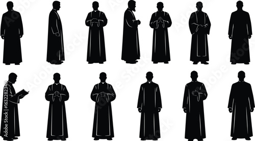 Silhouette of religious figures in ceremonial robes, spiritual gestures, diverse clergy illustration, traditional faith attire, cultural vector design elementsSilhouette of religious figures in ceremo