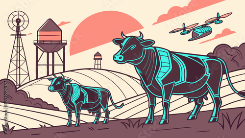 Modern farm with robotic cows and drone for agricultural technology and smart farming innovation concept