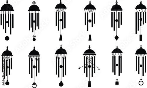 Silhouettes of artistic wind chimes, decorative hanging ornaments, black vector set, minimalist shapes, ambient garden decor, spiritual calming design elements