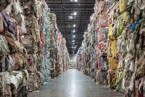 Stacked bales of discarded clothes filling an industrial warehouse interior. Show the scale of textile waste and the need for recycling solutions.