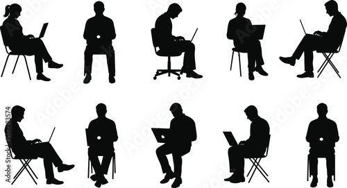 Silhouettes of seated laptop users in diverse poses, ergonomic sitting postures, modern workspace icon set, remote work concept vector illustration