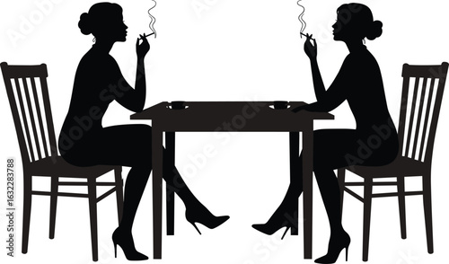 Smoking women silhouette, stylish pose, café scene, elegant heels, dramatic moment, casual lifestyle, expressive gesture, feminine flair, black artwork, urban vibe, bun hairstyle, seated conversation,
