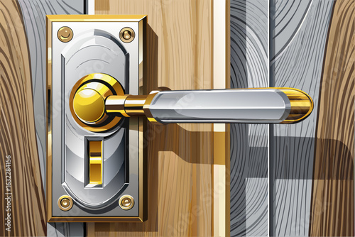 vector of The door handle of the modern room is in silver and gold colors... on a white table with a wooden back.
