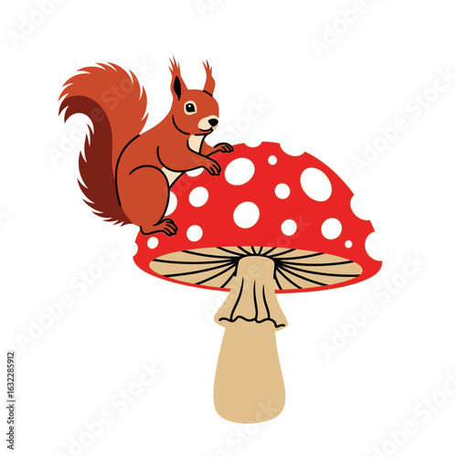 An illustrated red squirrel with a bushy tail sits on a large red and white polka-dotted mushroom.