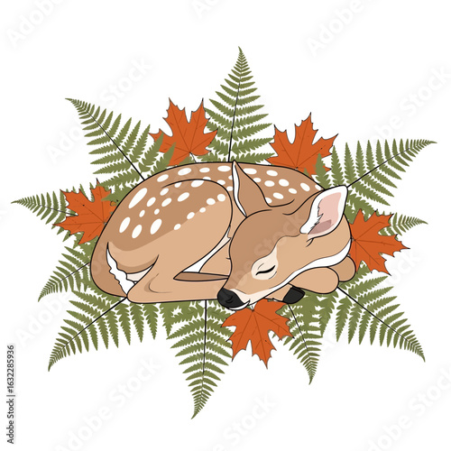 A cute cartoon fawn sleeping peacefully on a bed of green ferns and orange maple leaves.