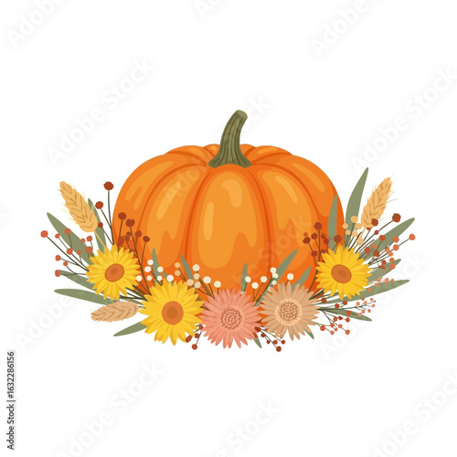 A vibrant orange pumpkin nestled in a beautiful arrangement of autumn flowers, sunflowers, and wheat stalks.