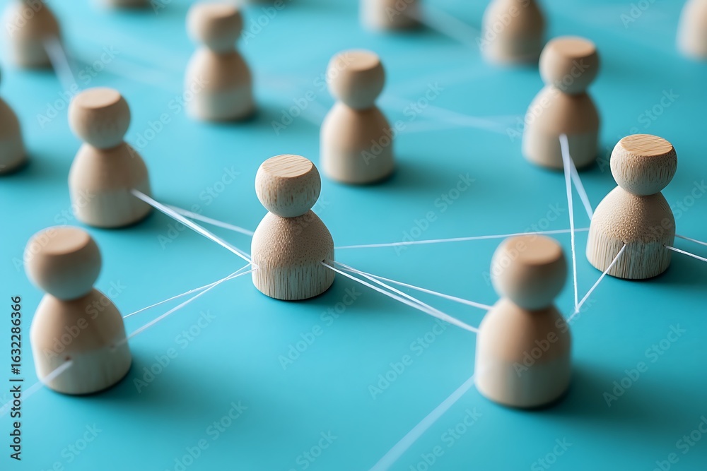 Obraz premium Interconnected Wooden Figures Linked by White Strings on a Blue Background Display
