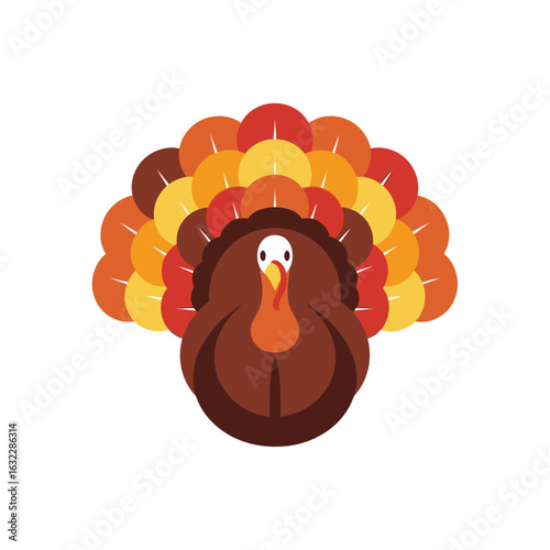A charming cartoon illustration of a turkey with its vibrant, fanned tail feathers in warm autumn colors, viewed from the front.