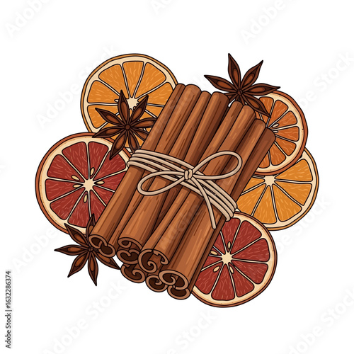 A hand-drawn illustration of a cinnamon stick bundle, star anise, and dried orange and grapefruit slices.