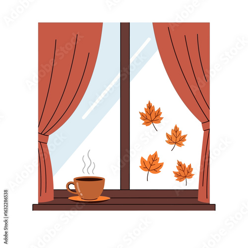 Warm cup of coffee sits on a windowsill with autumn leaves visible through the window and curtains.