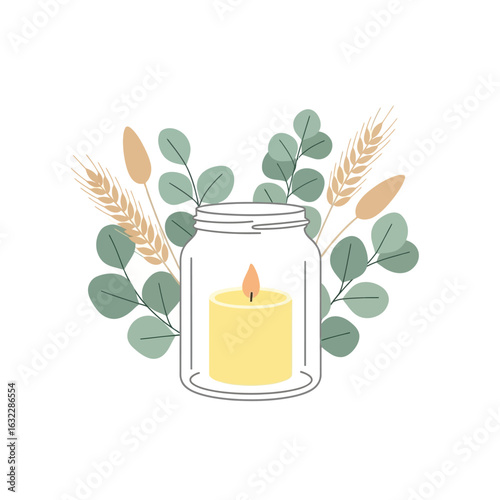 A lit yellow candle glows warmly inside a clear glass jar, surrounded by a rustic arrangement of eucalyptus leaves and wheat stalks.