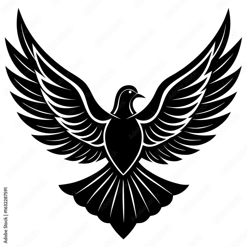 Obraz premium Stylized dove of peace with spread wings, a black bird vector illustration emblem.