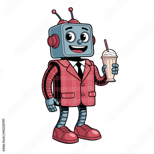 A cartoon robot character in a plaid suit with a milkshake in his hand. Transparent background. Vector. Robotics for children.