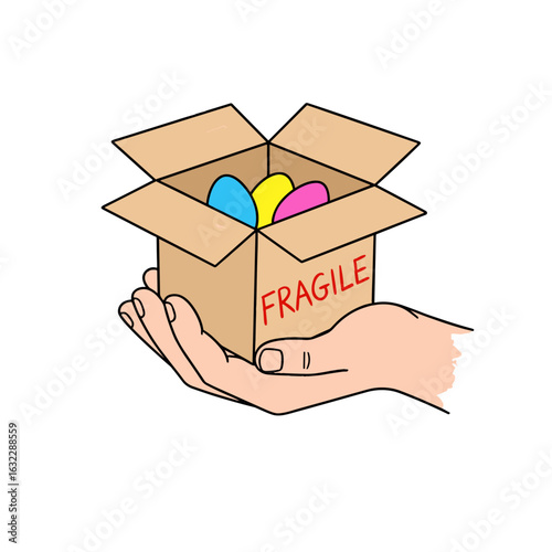 Hand holding a fragile box with colored eggs inside  