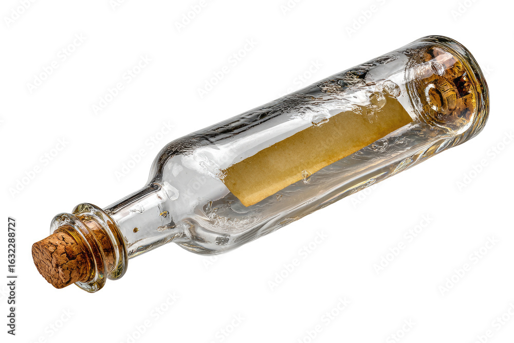 Fototapeta premium A message in a bottle, tilted, clear glass, cork stopper, vintage note