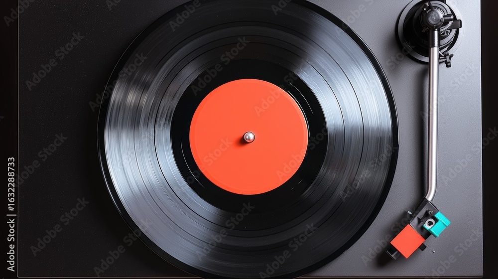 Fototapeta premium calming, rhythm, soothing, A close-up view of a vinyl record player with a black record and an orange label, showcasing the turntable and stylus.