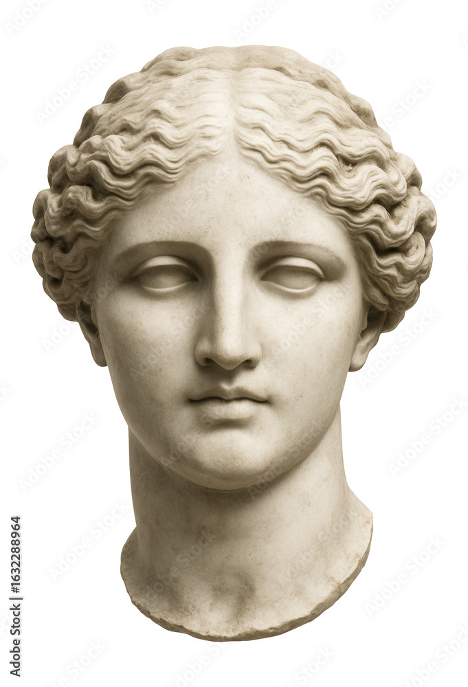 Obraz premium Marble sculpture of a classical female head with detailed facial features and wavy hair, on transparent background.