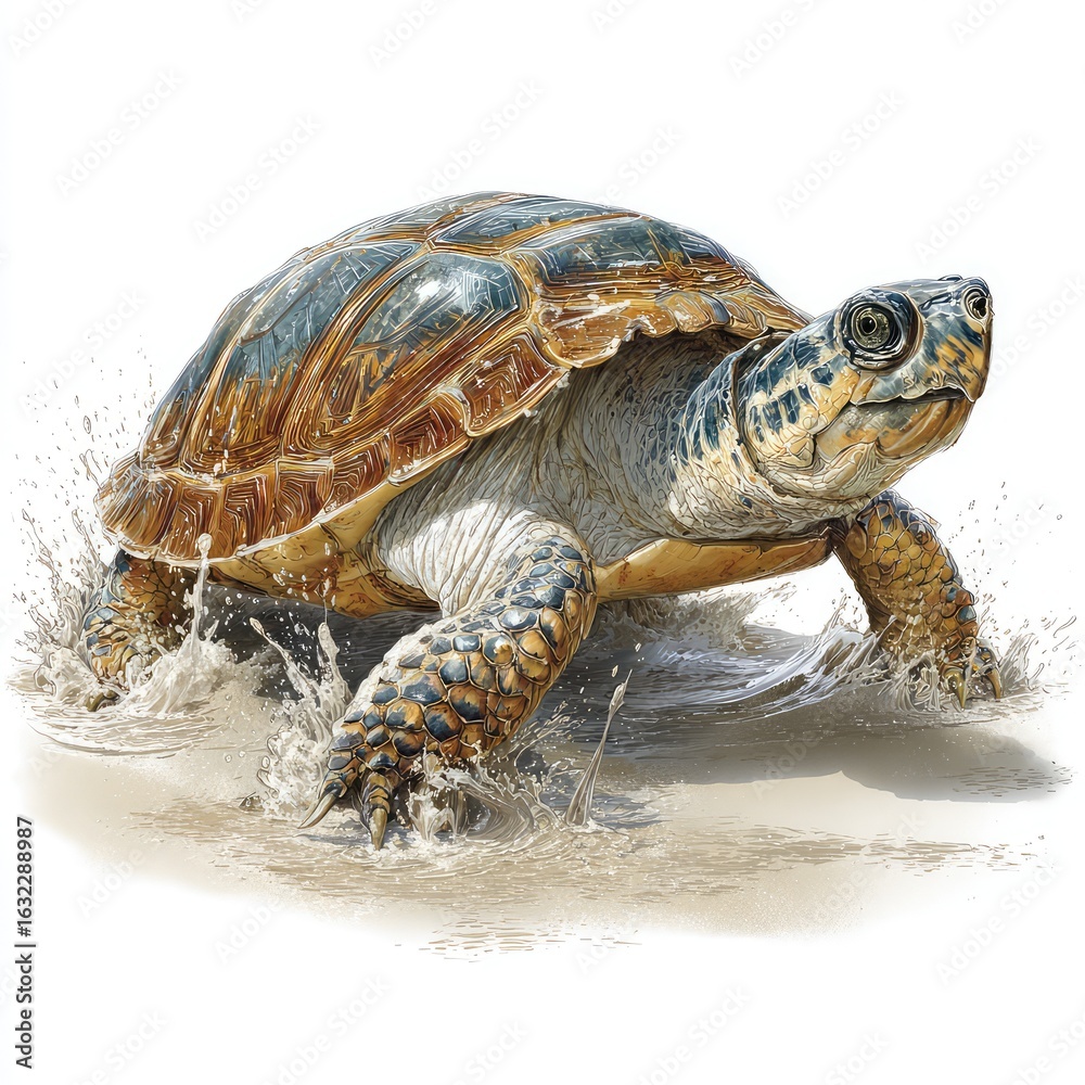 Fototapeta premium A turtle slowly moving across a sandy beach, illustrating natural locomotion