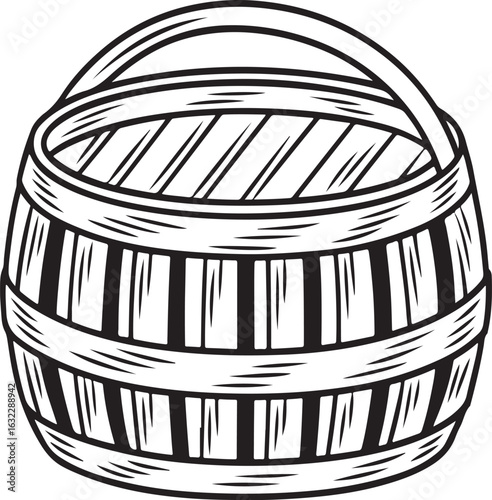 Wooden Barrel With Handle And Slatted Sides In Black And White container storage