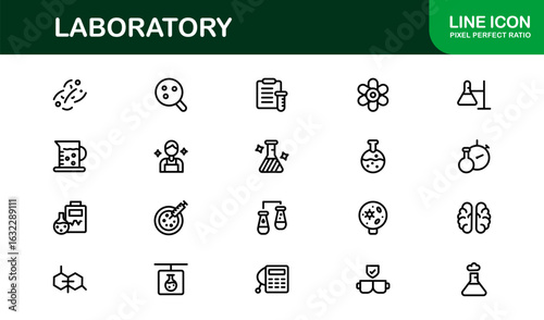 Laboratory Line Icon Collection – Unique, clean, and creative vector icons representing lab tools, chemistry, biology, and scientific innovation